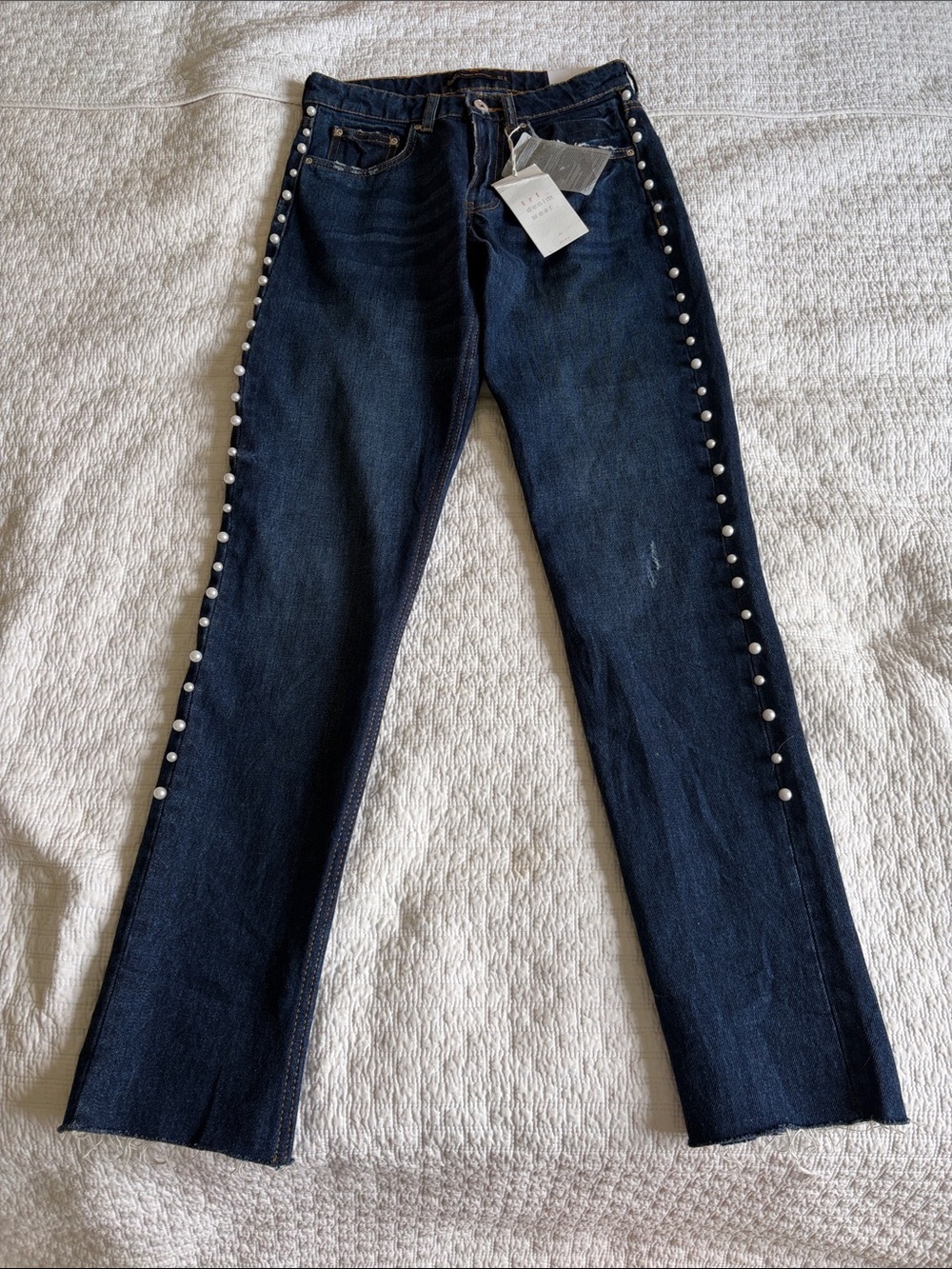 Zara Dark Blue Straight-Leg Jeans with Pearl Side Trim